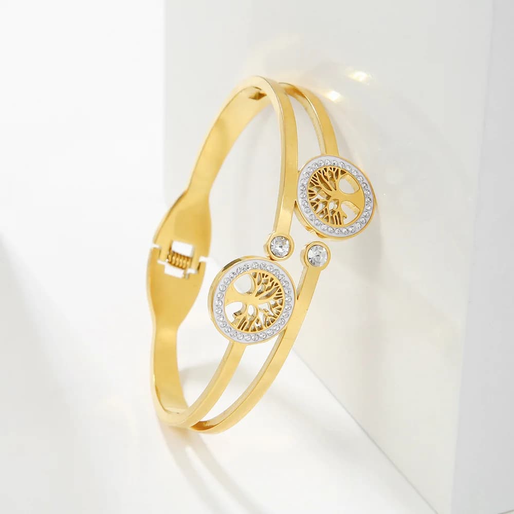 Women's Luxury Stainless Steel Tree Open Bracelet Cubic gold color zircone without fading jewelry with lucky cuff