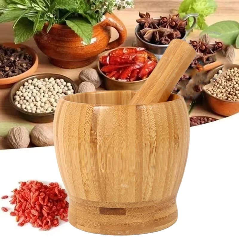 Set da cucina tradizionale per mortaio e pestello in legno, frantoio per spezie, pepe, smerigliatrice per erbe, ciotola per mescolare aglio, utensile da cucina