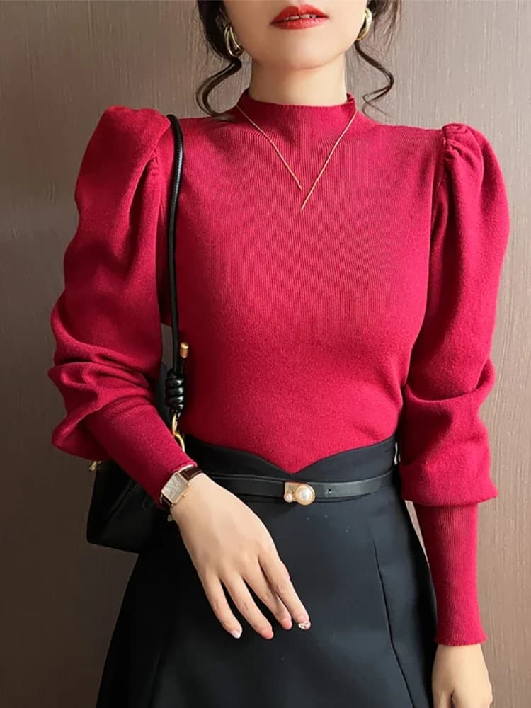 Maglione autunno inverno dolcevita pullover basic slim fit moda top in maglia coreana manica a sbuffo maglione da donna maglioni elasticizzati