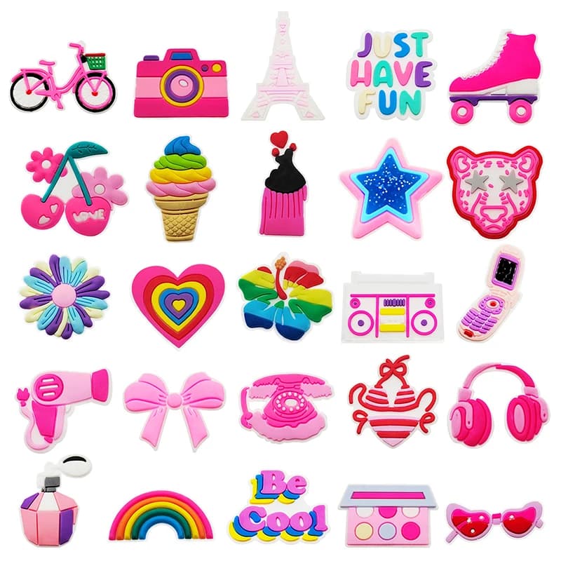 Simpatici ciondoli per scarpe arcobaleno per bicicletta con fiocco rosa per accessori Crocs Zoccoli Scivoli a bolle Decorazione fai da te Ciondoli con fibbia Regalo per feste