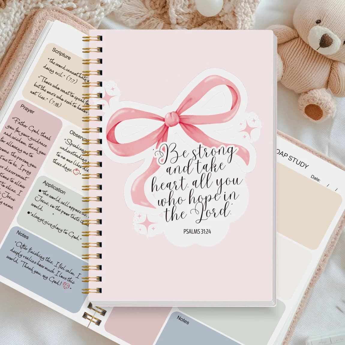 Diario per lo Studio della Bibbia A5, Quaderno a Spirale Rosa con Fiocco, Planner Cristiano Devozionale, Quaderno per Preghiere e Note sulle Scritture, Regalo per Donne
