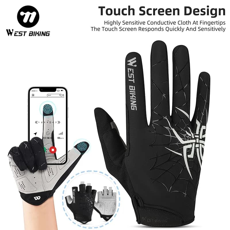 WEST BIKING Spider Cycling Gloves Full Finger & Half Finger Touch Screen Shock Absorbing Breathable Non-Slip MTB Road Bike Bicyc