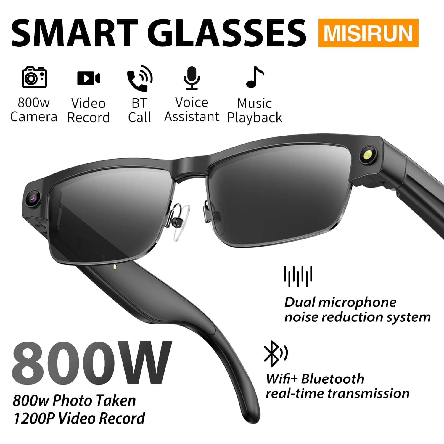 Men's Smart Bluetooth Glasses Woman with 800W Camera, AI Vocal Assistant, Headphones, Sunglasses, Sports Actors for Guide and Music