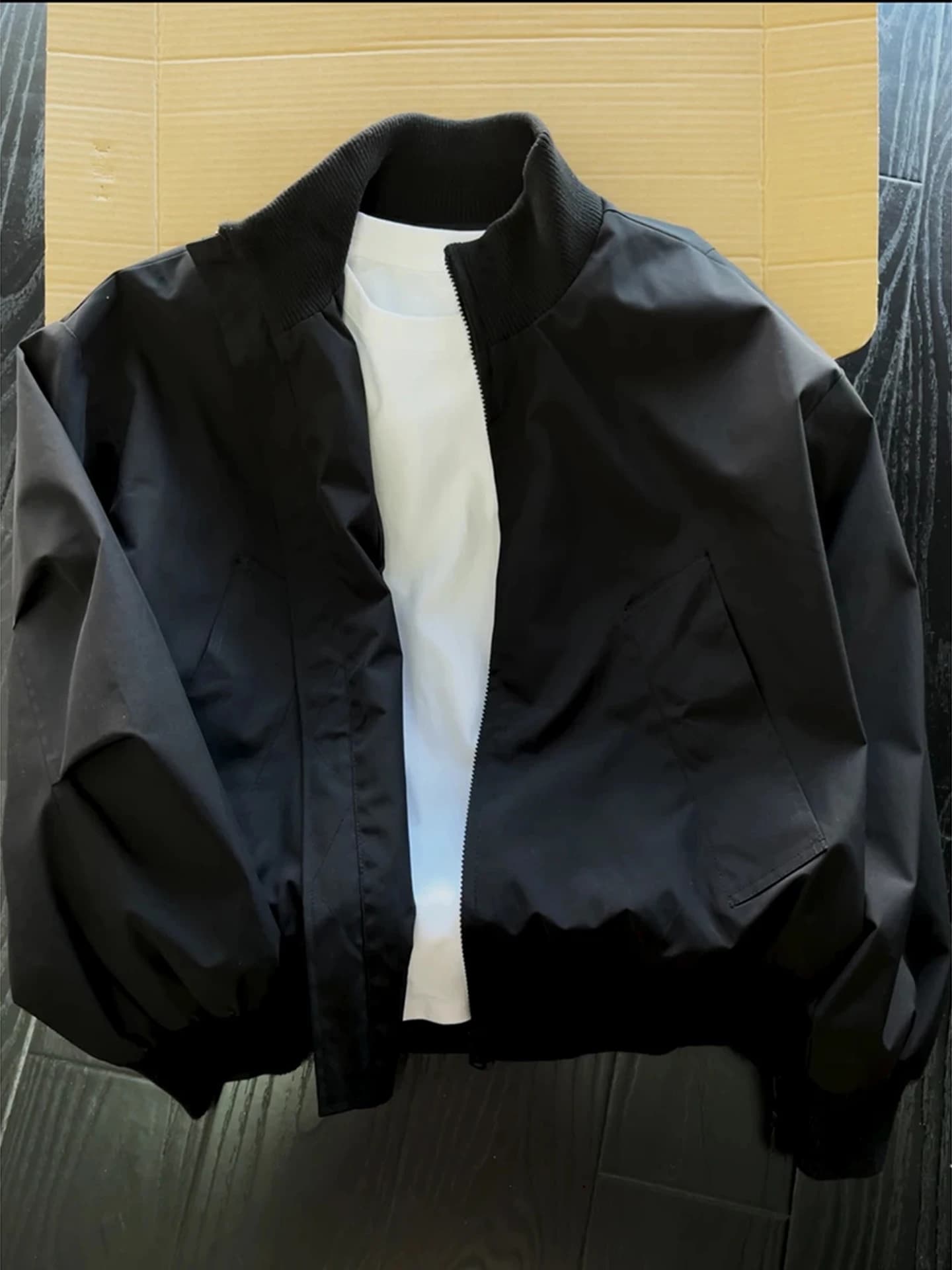 Black Stand Collar MA1 Pilot Jacket Men's Short Baseball Style Autumn Outerwear Zipper Closure Windproof Polyester Fiber