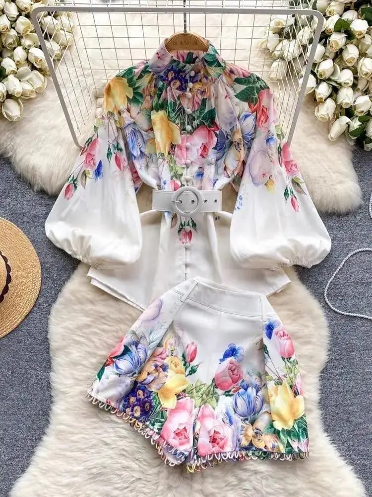 Women's Linen Stand Lantern Sleeve Belt Shirt Top + Flower Print Wide Leg Shorts Suits Summer Holiday Tulip Floral 2 Pieces Set