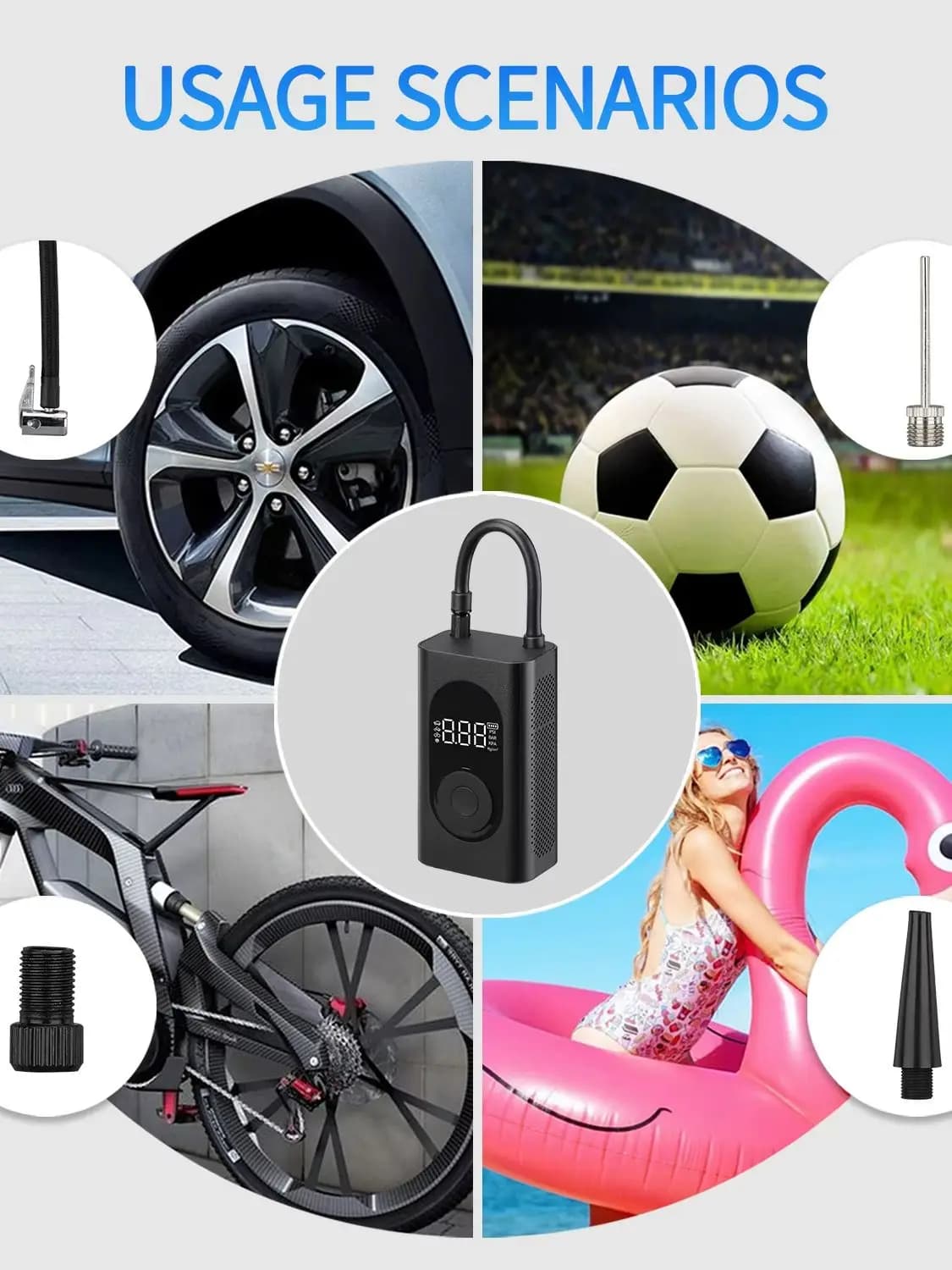 CQB08 7.2V Portable Air Pump - 40PSI for Car/Motorcycle/Bike, LED Light & USB Charger, FCC/CE