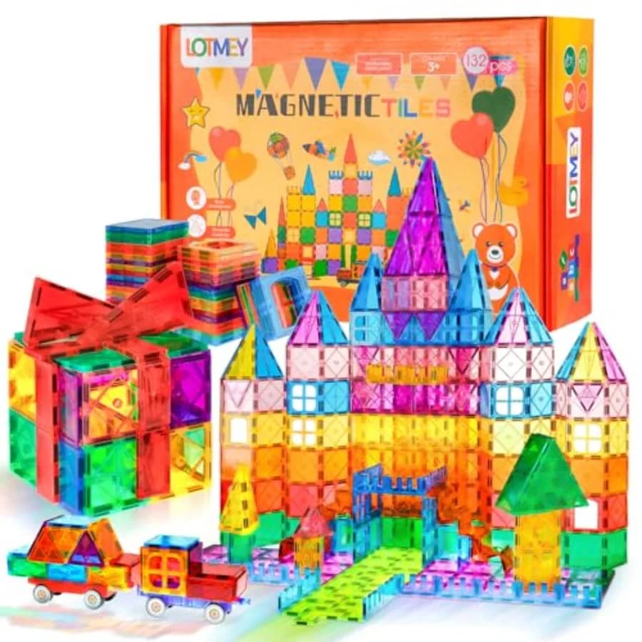 Set Deluxe di 132 Pezzi di Piastrelle Magnetiche con 2 Auto, Blocchi Magnetici 3D Multicolore per l'Apprendimento STEM Prescolare e Sensoriale
