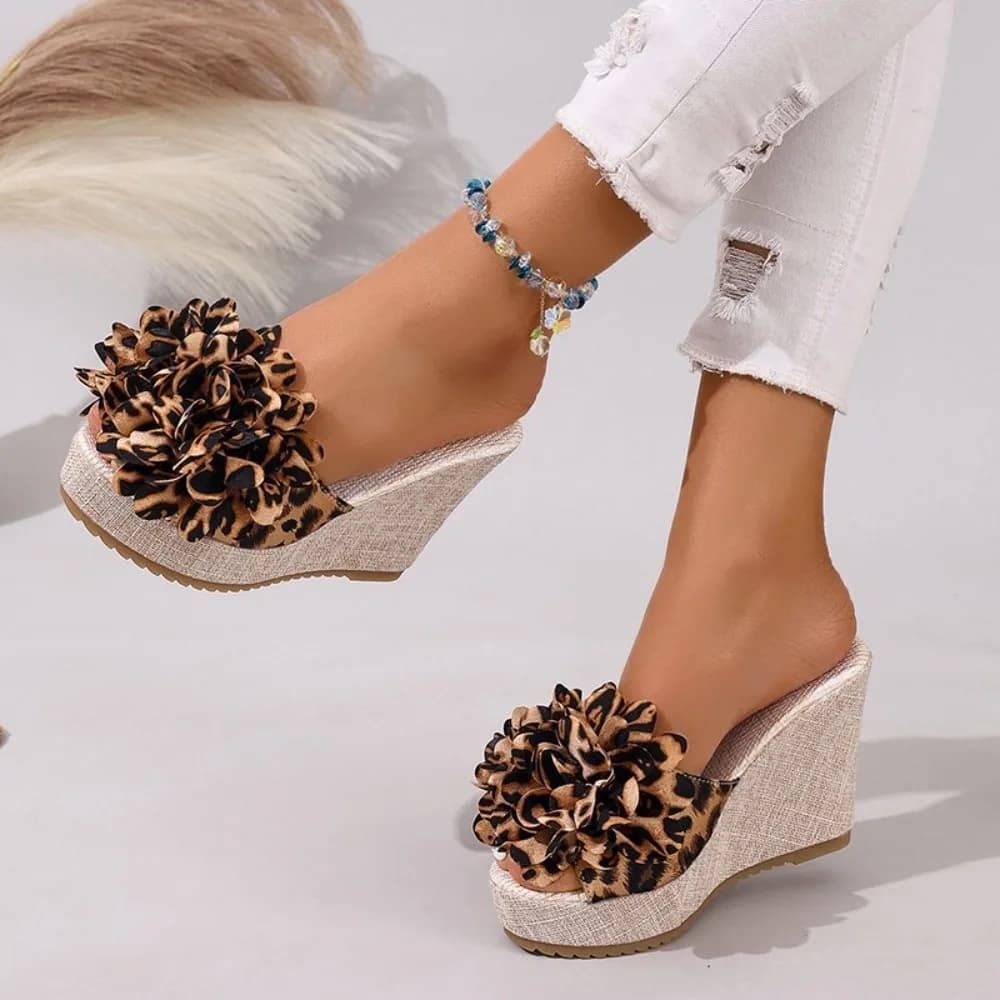 Summer Women Comfortable Sexy Leopard Bow Soft Wedges Slippers Casual Beach Shoes New Flower Women's Sandals Size 35-42