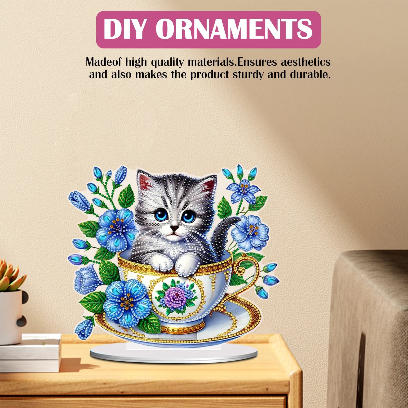 Decorazioni da Tavolo con Pittura Diamantata 2D Fai-da-Te, Motivo Gatto su Tazza