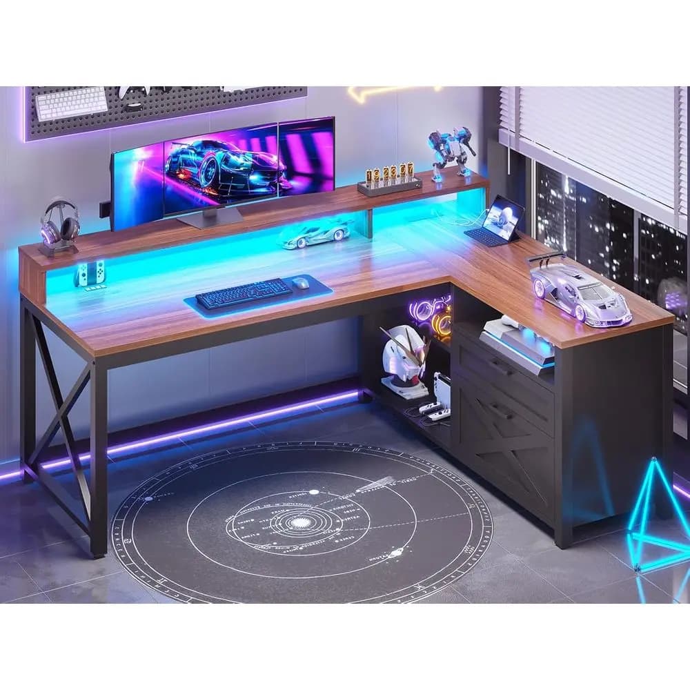 55 L-Shaped Gaming Desk with Drawers, LED Lights, and Storage Shelves in Black & Brown