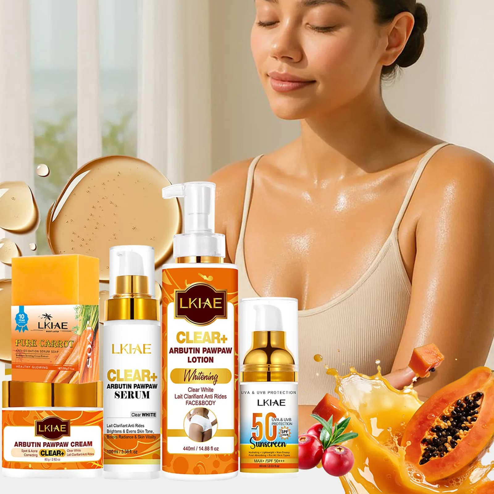 LKIAE Set Sbiancante all'Arbutina, con Vitamina C, Papaya Naturale, Carota, Rimuove Macchie Scure, Melanina, Idratante per la Pelle, Pelle Liscia