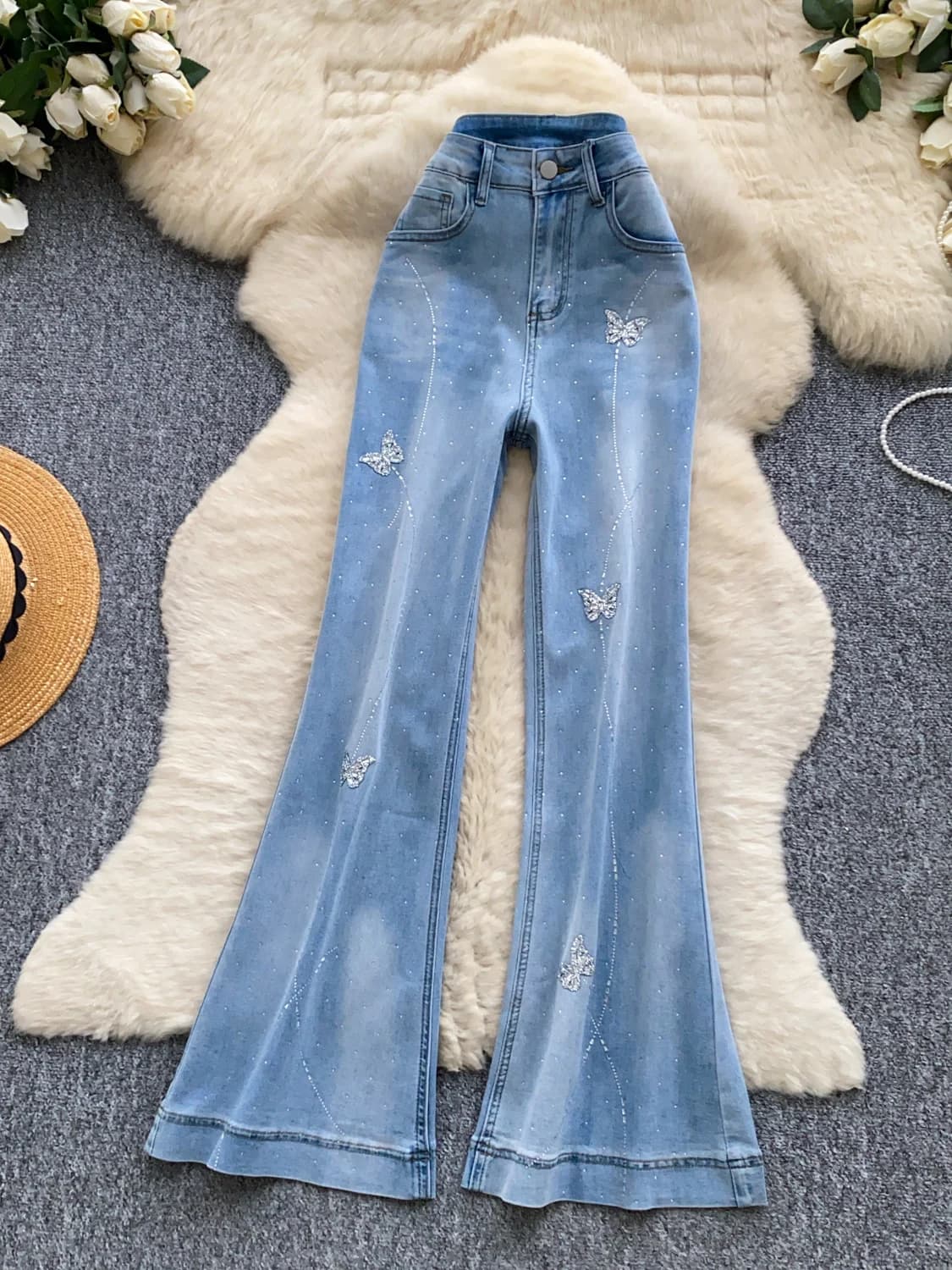 Retro American Rhinestone Denim Jeans Women's Thin High Waist Slimming Micro Flared Drapey Long Pants Summer