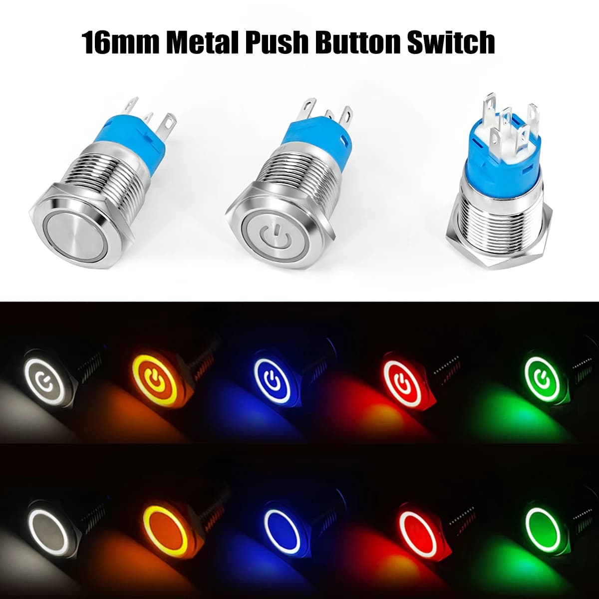 Interruttore a pulsante in metallo da 16 mm Lampada ad anello Simbolo di alimentazione Luce a LED impermeabile Auto-reset/blocco ON-OFF Pulsante di chiusura momentaneo