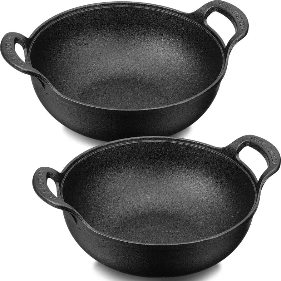 2 Set Wok in ghisa con manico ad anello Mini Wok da 10 pollici con rivestimento antiaderente a fondo piatto Stir Fry Padelle Pre stagionate Nessun grillo chimico