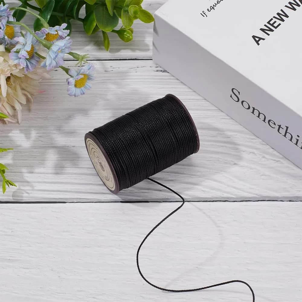 1 Roll Round Waxed Polyester Thread String Micro Macrame Cord Twisted Cord Black 0.8mm 54.68 Yards (50m) for Leather Sewing