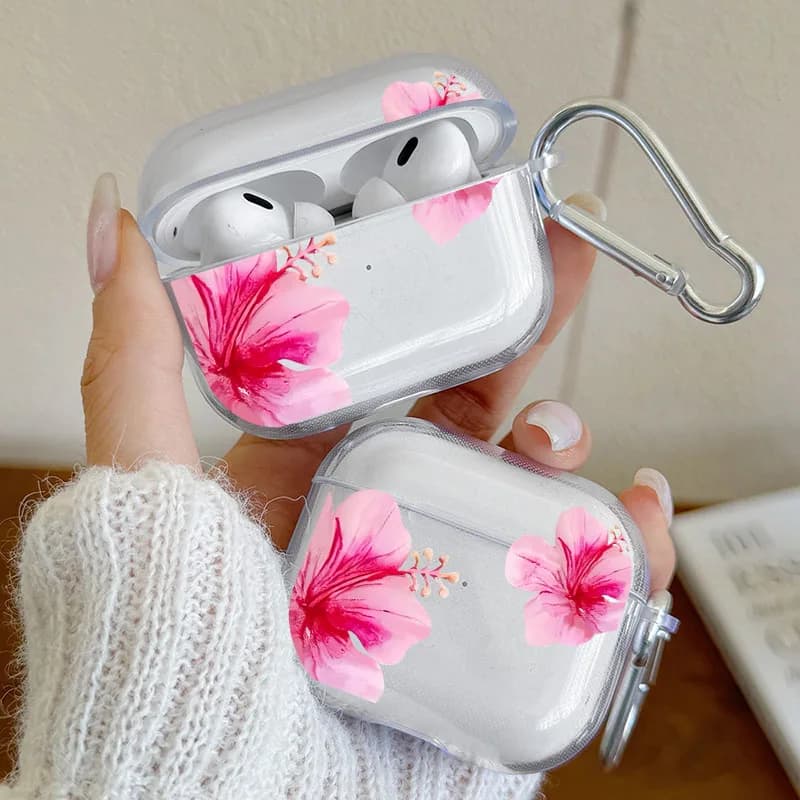 Transparent case with pink hibiscus flower for AirPods 4/3/2/1 headset with snap hook, Airpod Pro2/Pro3/Pro