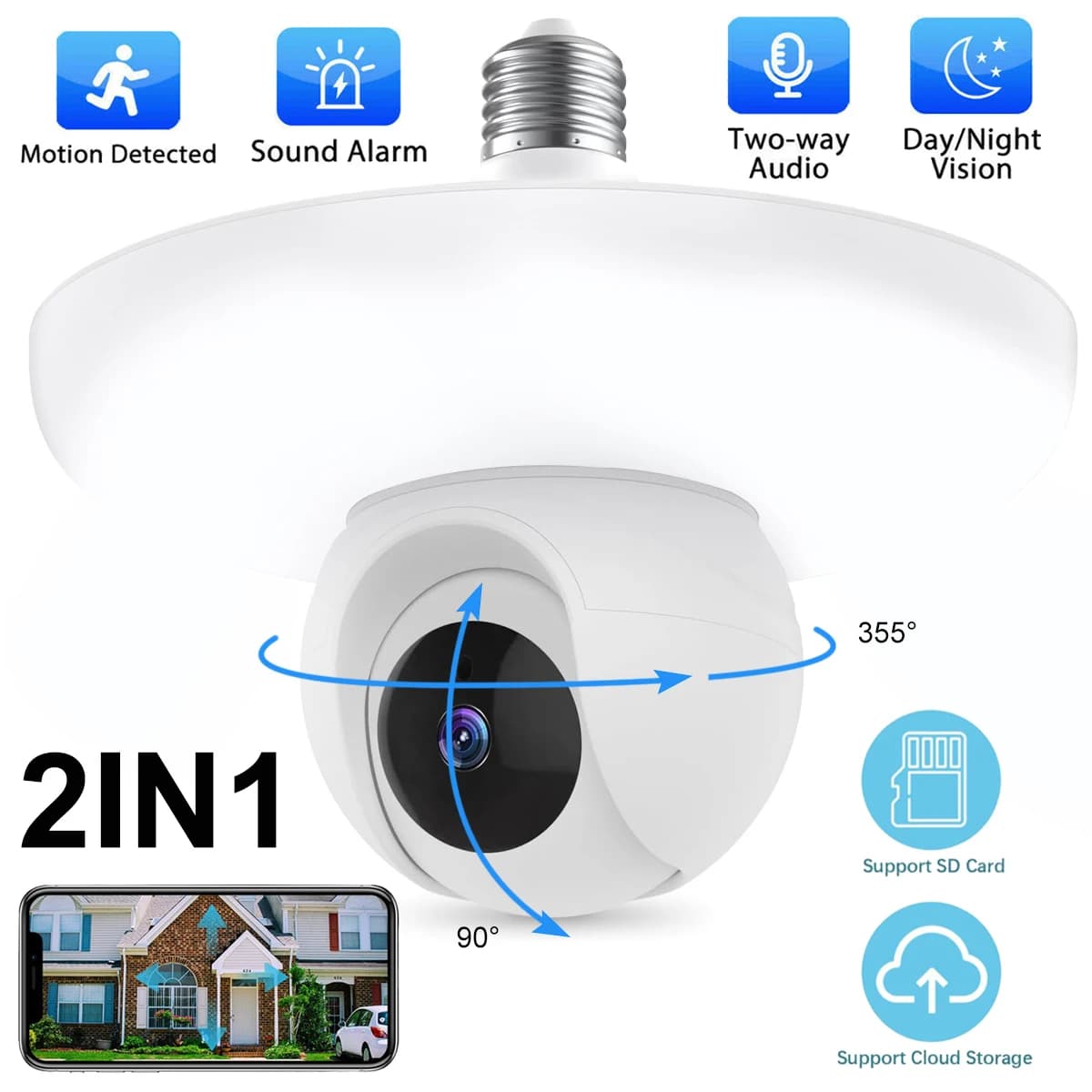 2K WiFi camera with E27 PTZ Wireless Lamp, Intelligent spotlight, Wireless Security Lamp with Audio Video Monitoring and AI Tracking