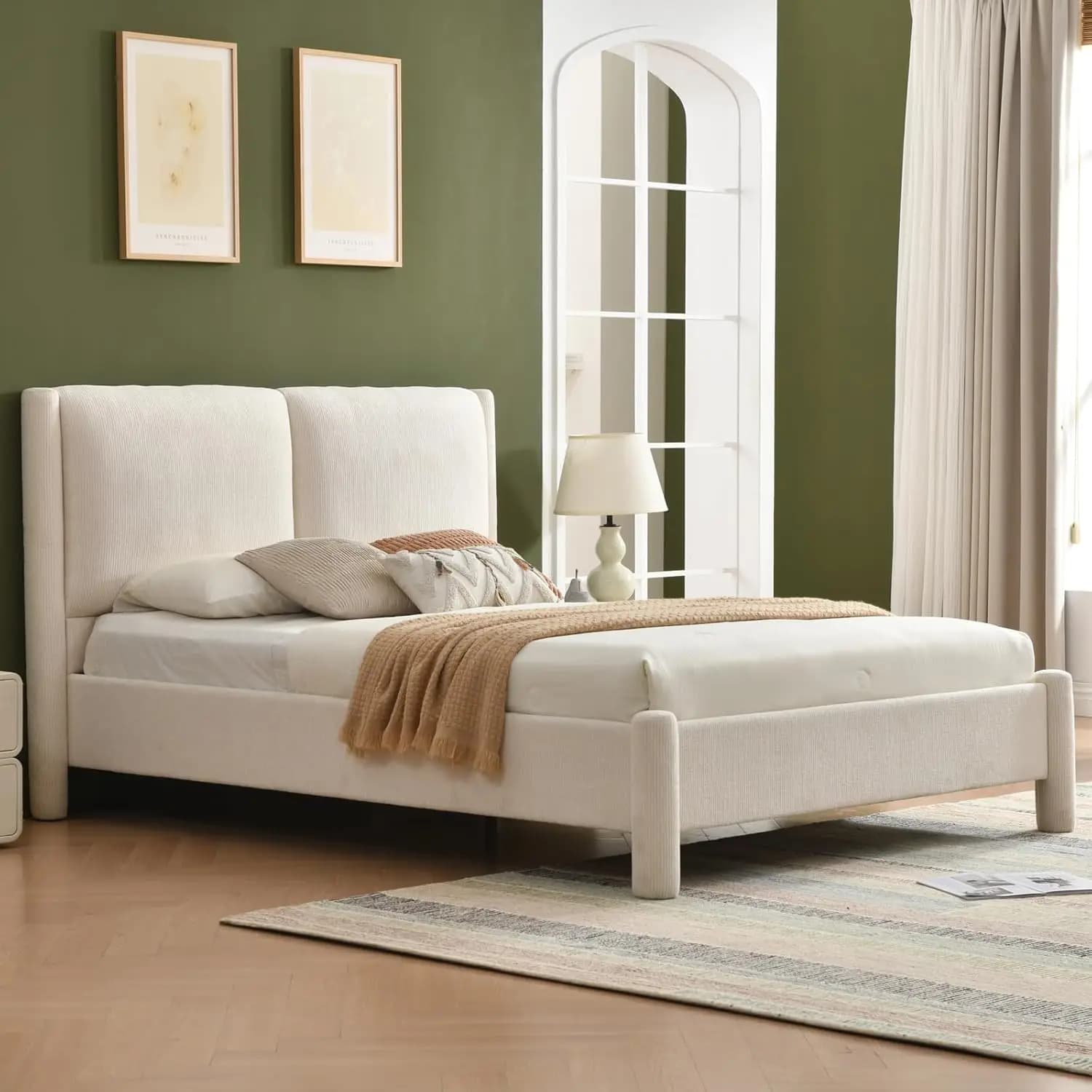 Struttura Letto Matrimoniale con Testiera Imbottita, Gambe Cilindriche, Supporto a Doghe, Senza Bisogno di Box Spring, Facile Montaggio, Personalizzabile