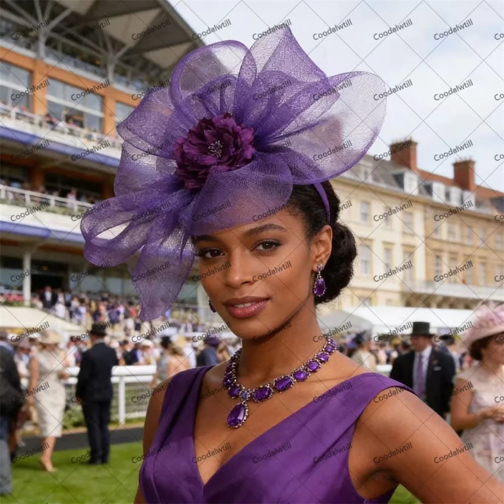 Fermaglio per capelli per cappello da fascinator con fiore viola moda per donna Copricapo per festa di nozze Race Derby Copricapo da donna Cena per festa della sposa