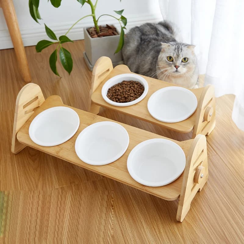 Pet Cat Raised Wood Bowls 15 Degree Neck Care Adjustable Elevated Stand Feeder For Dog Cat Food and Water Feeding Ceramic Bowls