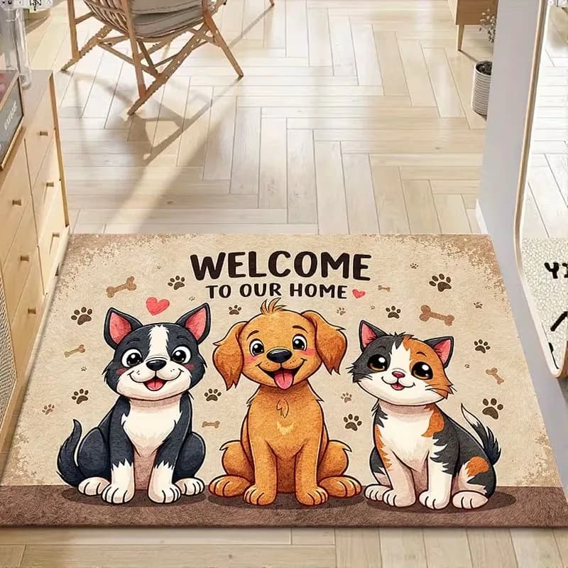 Tappeto d'ingresso lavabile in lavatrice con simpatico design di cani e gatti con impronte di zampe e cuori, resistente tappeto da esterno per porta d'ingresso.