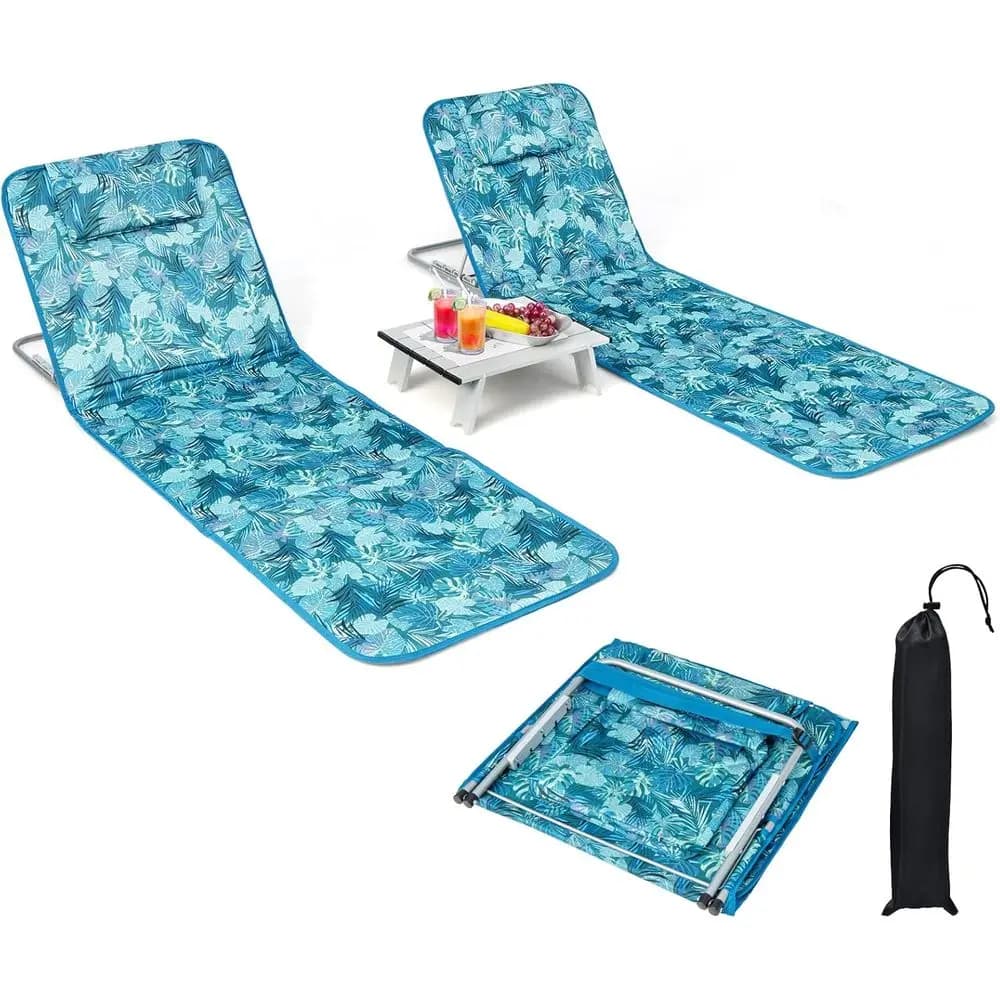 Sedie da spiaggia con tavolino laterale, set da 2 sedie lounge pieghevoli per adulti, con 5 posizioni regolabili, reclinabili e leggere, tipo zaino