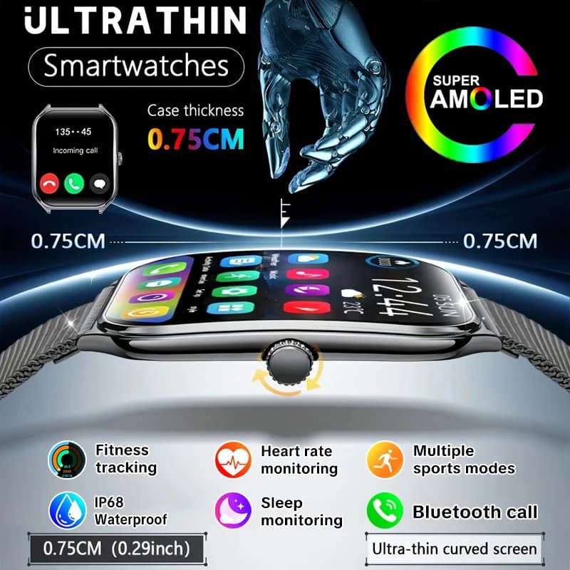 New Ultra Thin Smart Watch Men 1.96" AMOLED 3D Screen Sports Fitness Sleep Heart Rate Waterproof Call Smartwatch For Android iOS