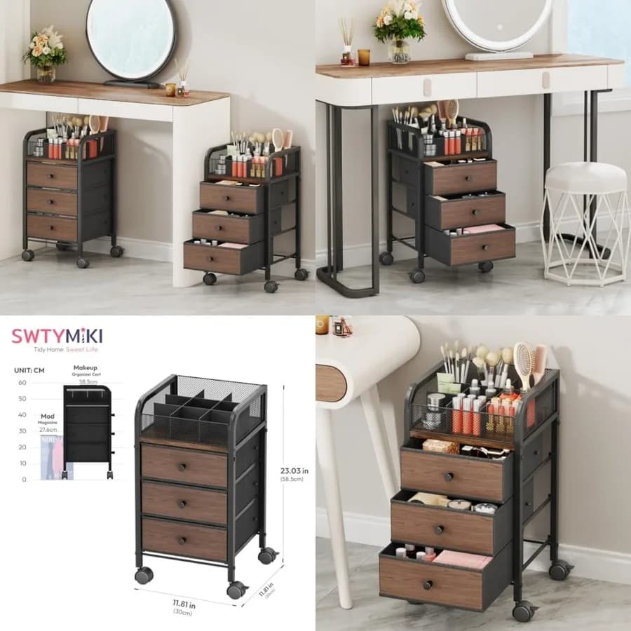 Carrello Organizer Trucchi con Ruote - Contenitore Sottoscrivania per Cosmetici con 3 Cassetti in Tessuto Non Tessuto, Carrello Porta Unghie e Espositore Cosmetici