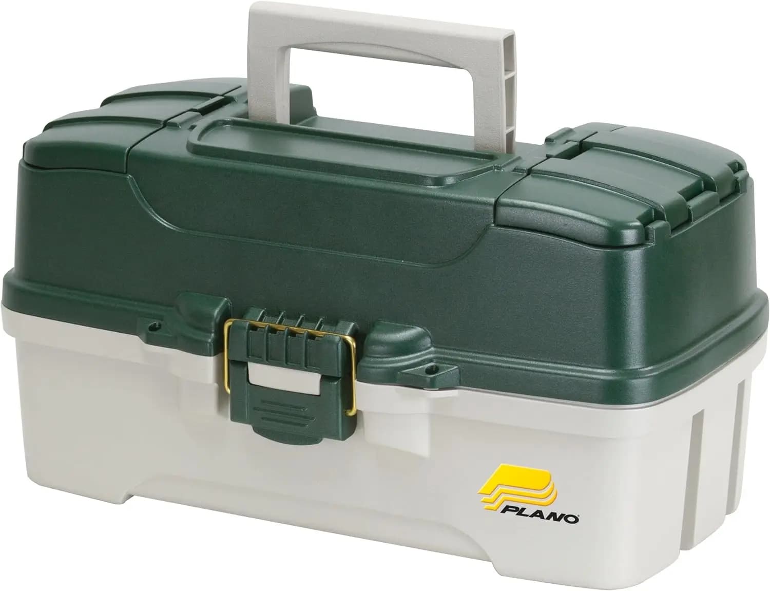 Scatola porta attrezzi da pesca a 3 scomparti con doppio accesso superiore, verde scuro metallizzato/bianco sporco, contenitore premium per attrezzatura da pesca