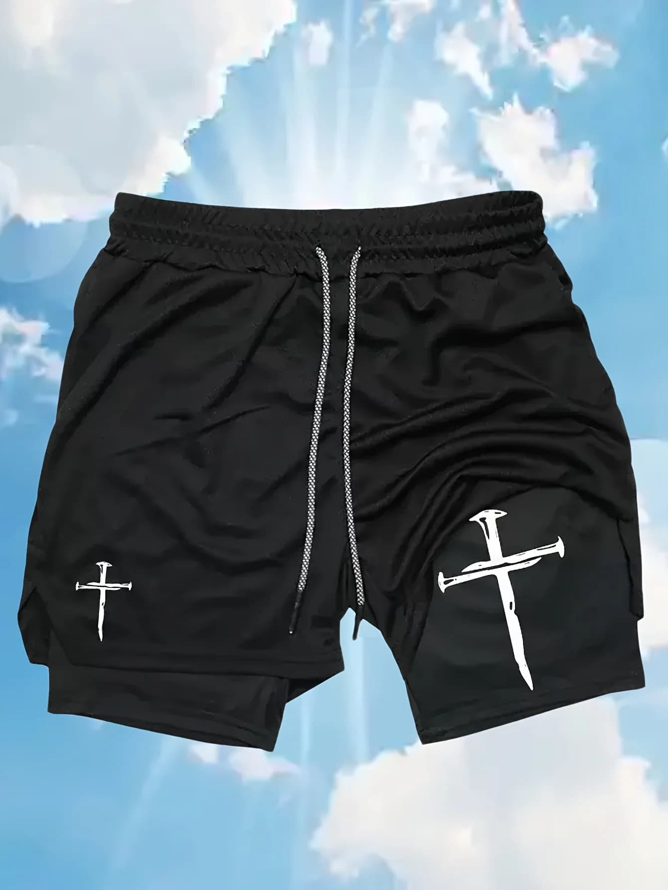 Pantaloncini Sportivi da Uomo con Stampa a Croce, 2-in-1, Unisex, per Corsa, Fitness e Casual