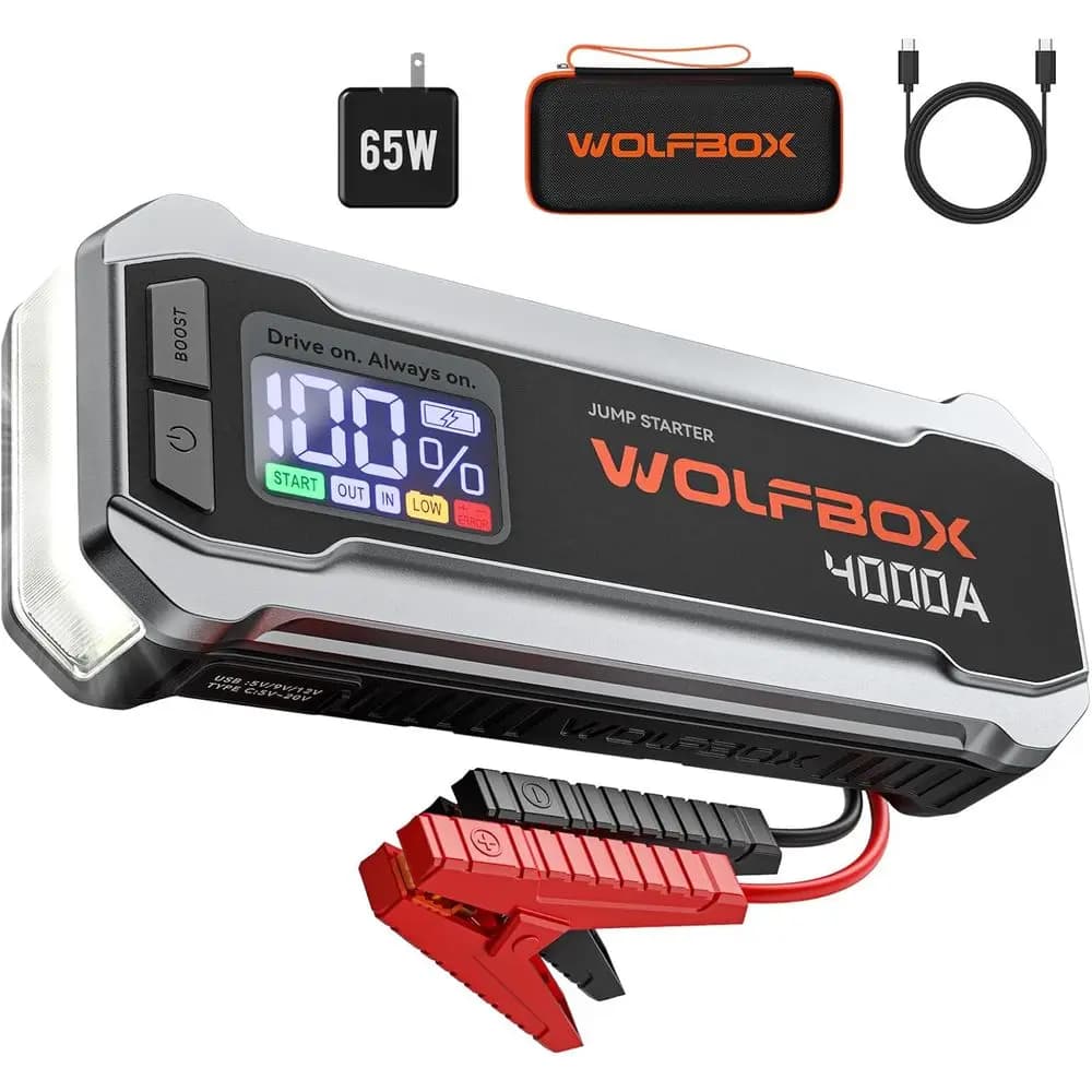 Avviatore d'emergenza portatile per auto 12V con ricarica rapida 65W, power bank da 88,8Wh, luce LED e cavi di avviamento