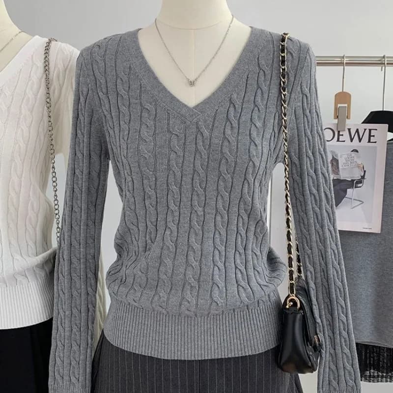 Womens College Style V Neck Cable Knit Sweater Autumn Winter Minimalist Long Sleeve Knit Top