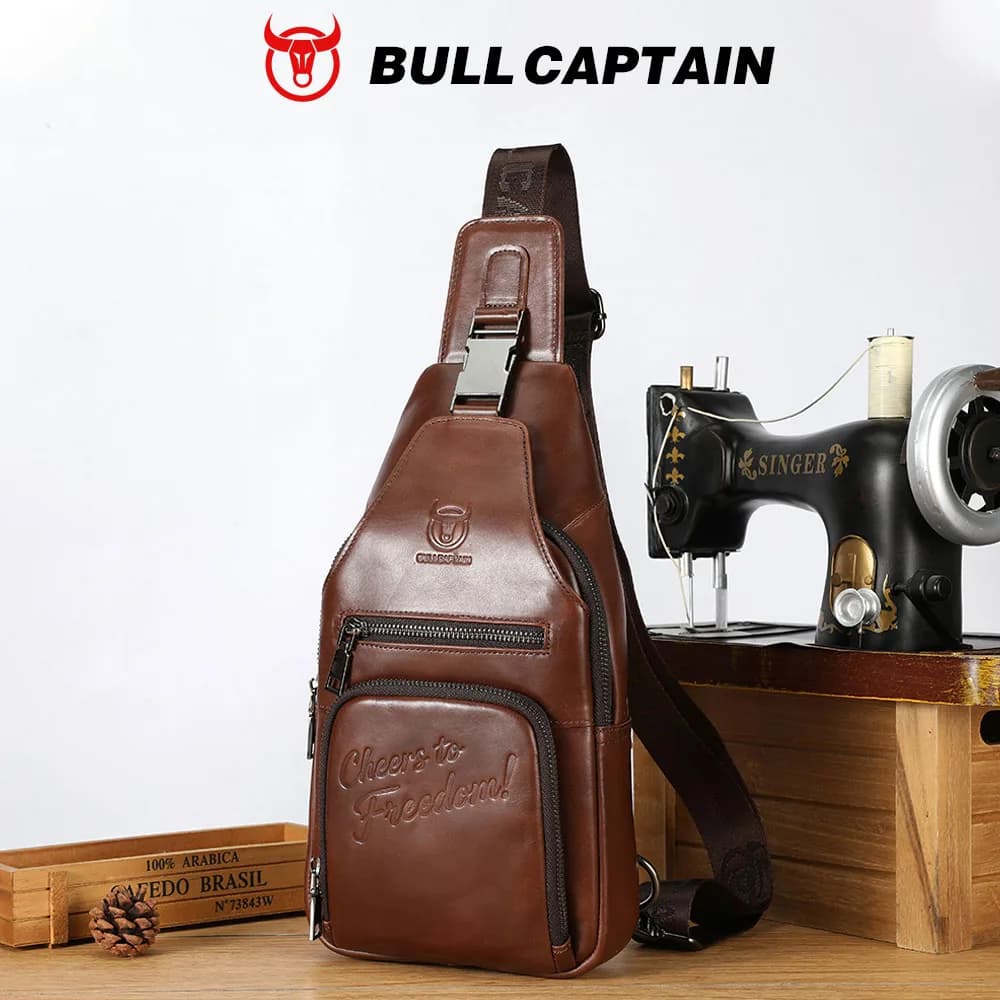 BULLCAPTAIN Genuine Leather Chest Bag Casual Triangle Crossbody Design Travel Shoulder Backpack Men Leather Multifunctional Bag