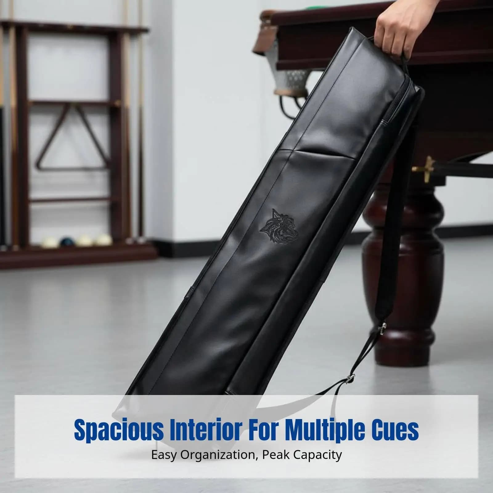 Billiards Accessories Storage Bag for Cue Stick Waterproof PU Pool Cue Case with Double Pockets and Crossbody Strap