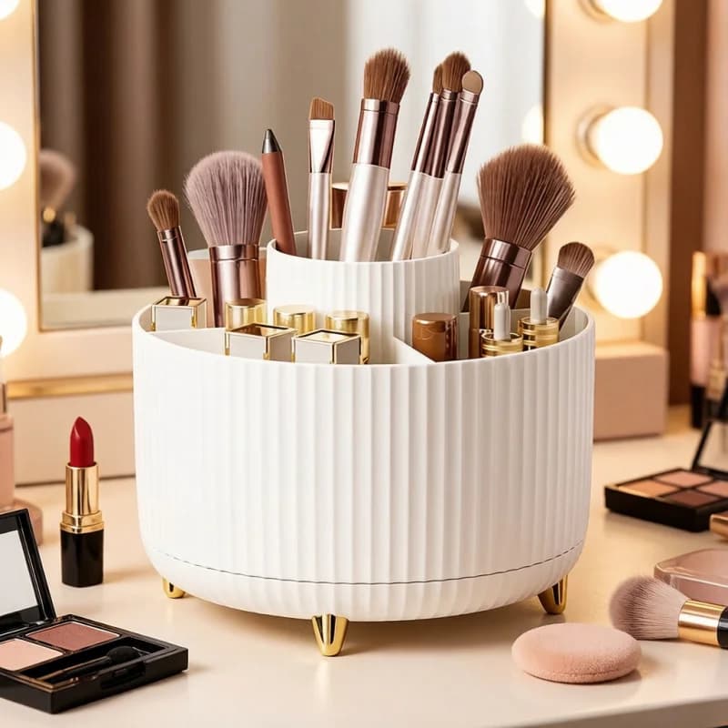 360° Rotating Makeup Storage Box, Large Capacity Desktop Cosmetic Organizer for Bathroom, Portable Lipstick Brush Pen Holder