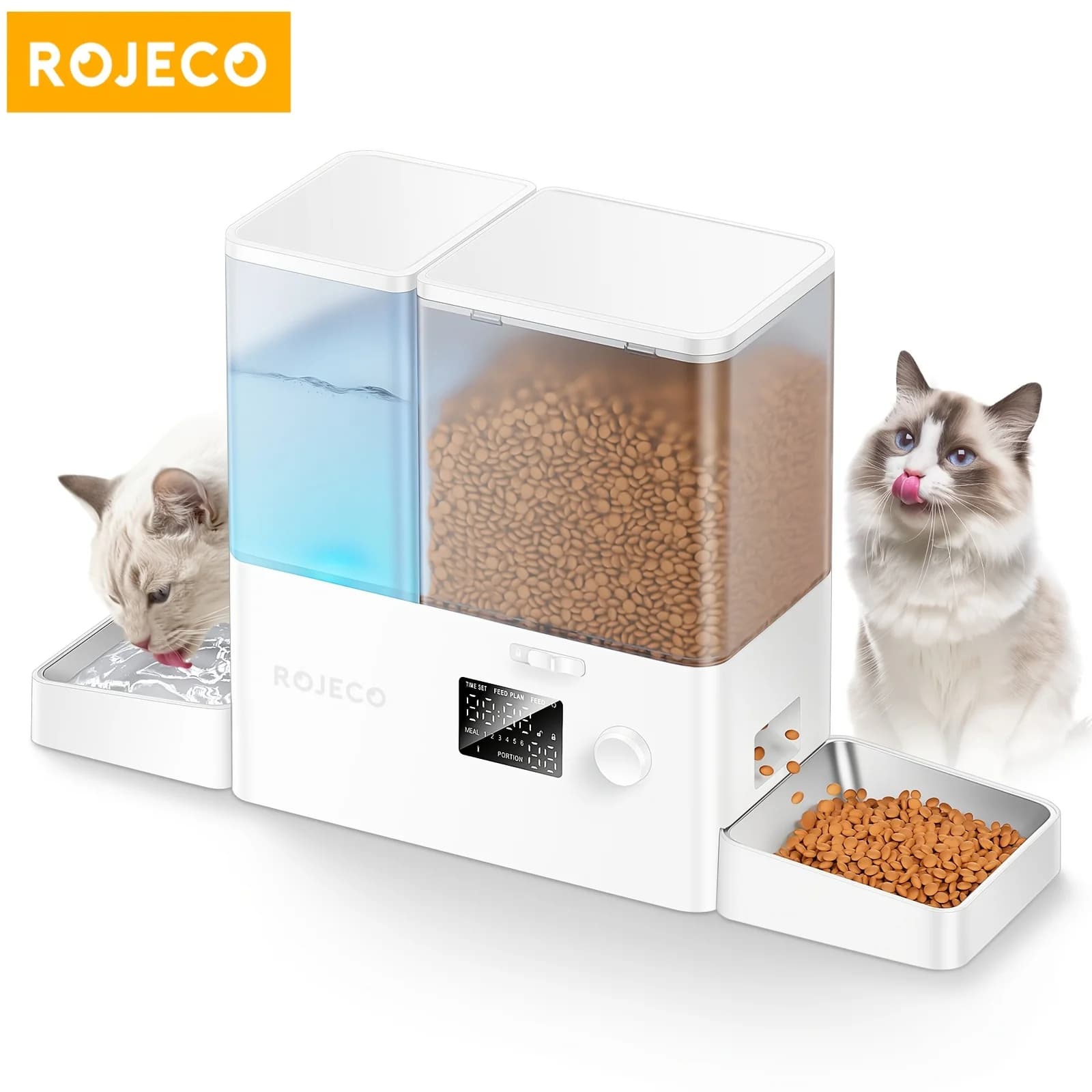 ROJECO 2.25gal 2 in 1 Automatic Pet Feeder Gravity Water Fountain for Pet Dogs Cats 1.32gal Food Dispenser + 118.35oz Water Drinking with Stainless Steel Bowl, Without Battery