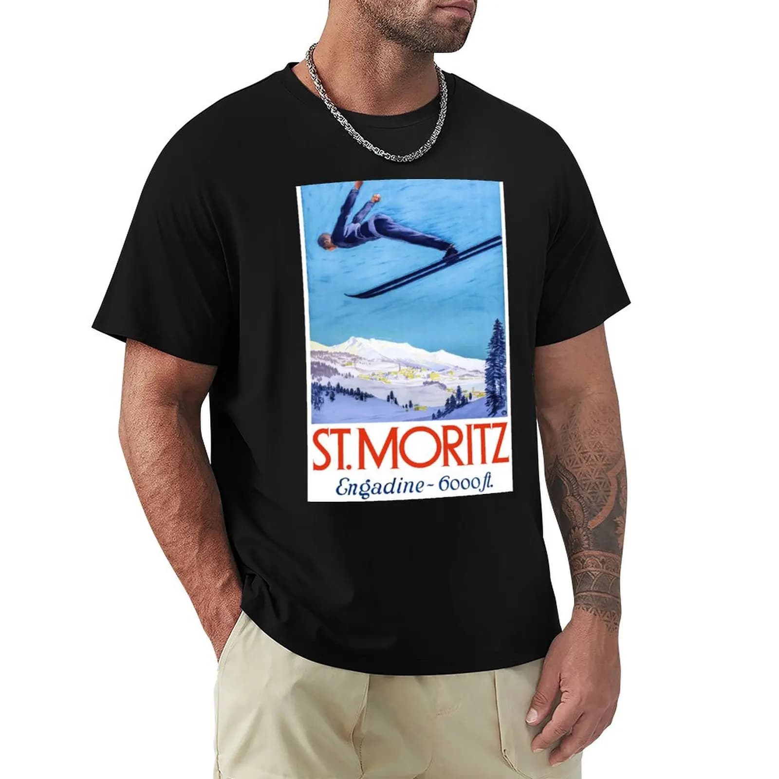 T-shirt con stampa del poster del viaggio a St. Moritz Ski Jumper Switzerland del 1928, top da allenamento anti-sudore