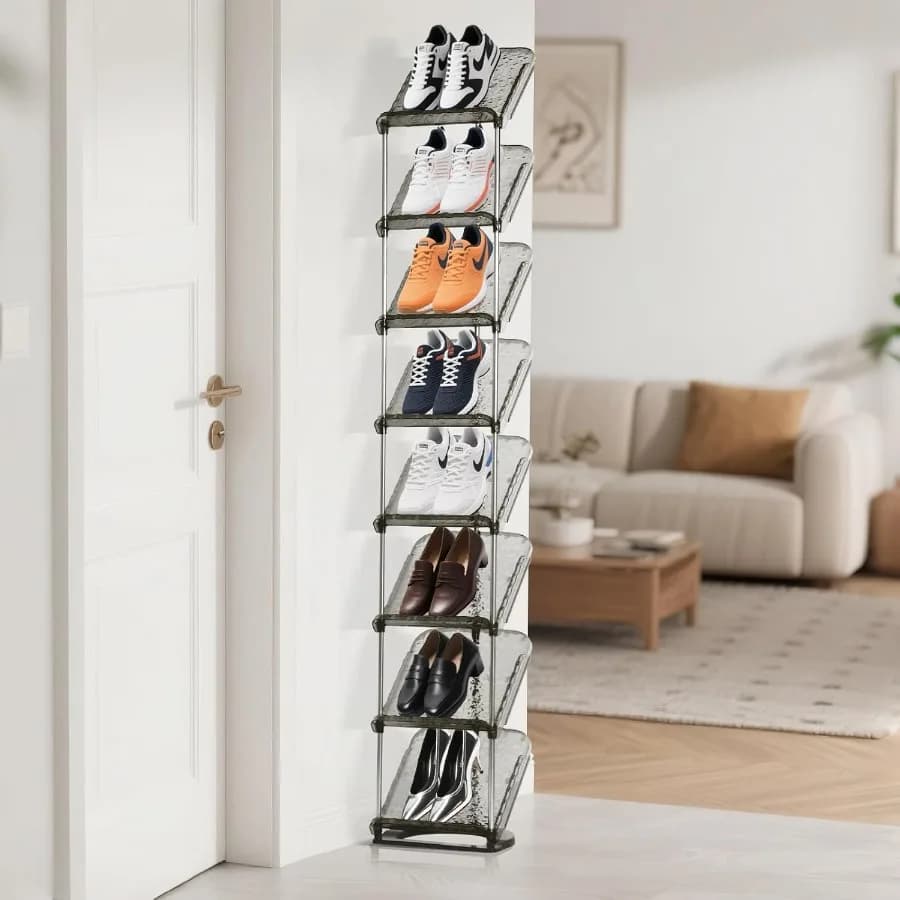 Scarpiera verticale a 8 livelli, portaoggetti stretto e trasparente per scarpe da ginnastica, lussuosi tacchi verso l'alto, organizer, torre salvaspazio, standi gratuito