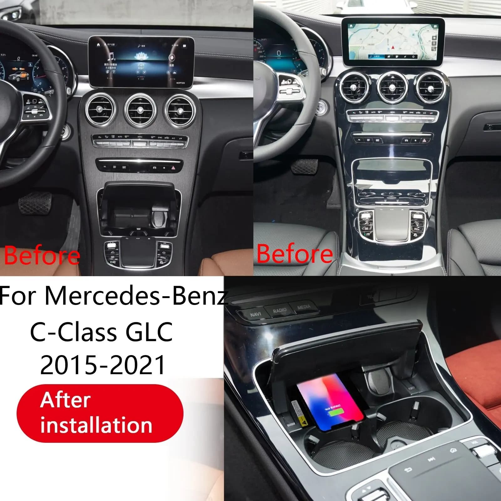 2 din Last Model for Mercedes-Benz Class C GLC 2015-2021, Fast Wireless Charger for Telephone from Central Console Auto, Charging Plate Support