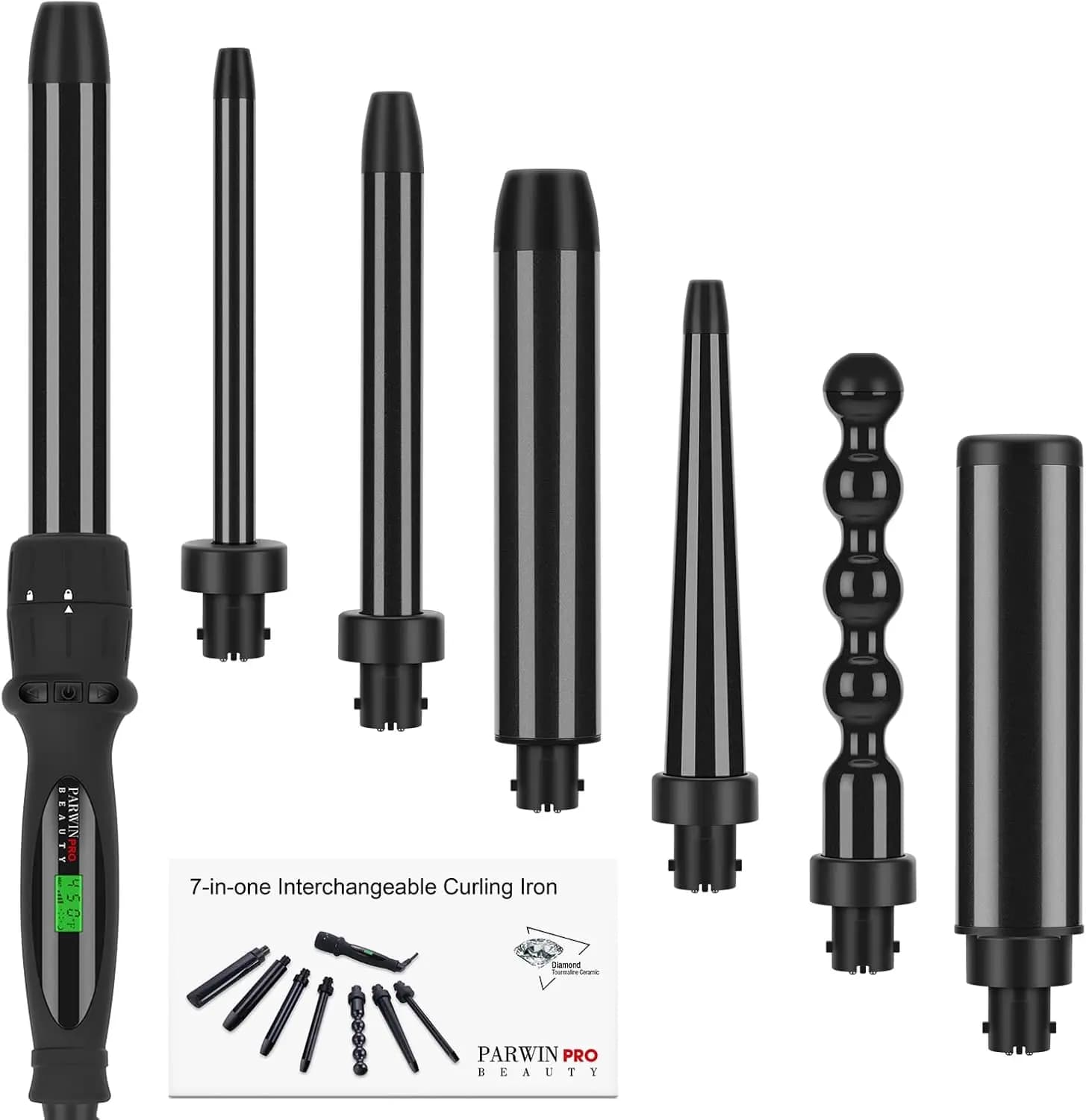 Set Ferro Arricciacapelli 7-in-1, Doppio Voltaggio con Controllo Temperatura LCD e Spegnimento Automatico