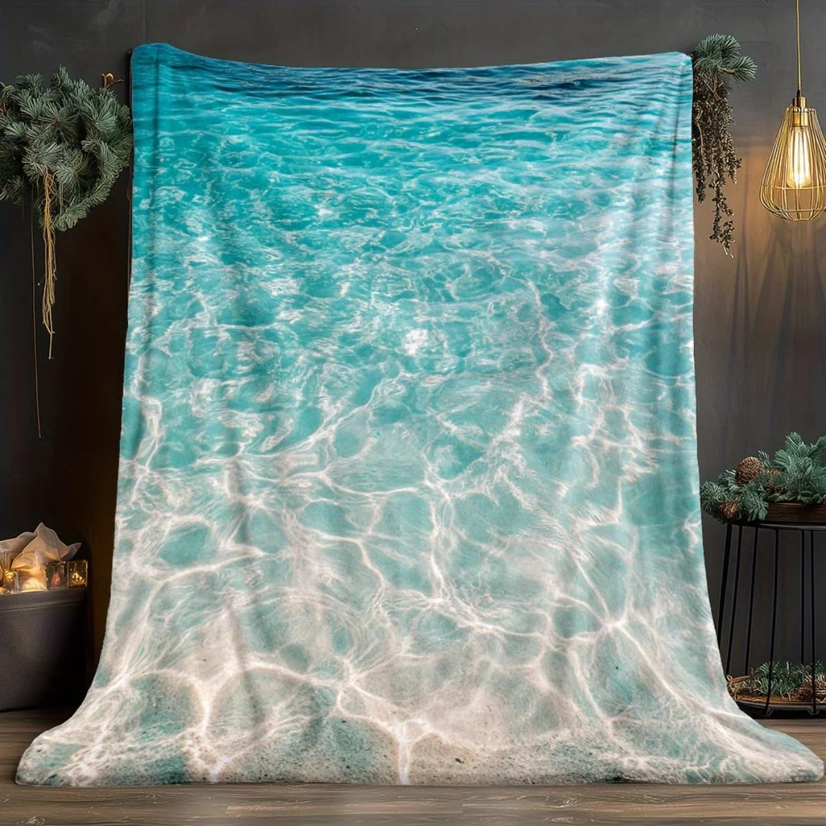 Coperta da tiro con onde dell'oceano tropicale da 1 pezzo - Design turchese e spiaggia sabbiosa, morbida coperta calda per tutte le stagioni in flanella leggera per Co