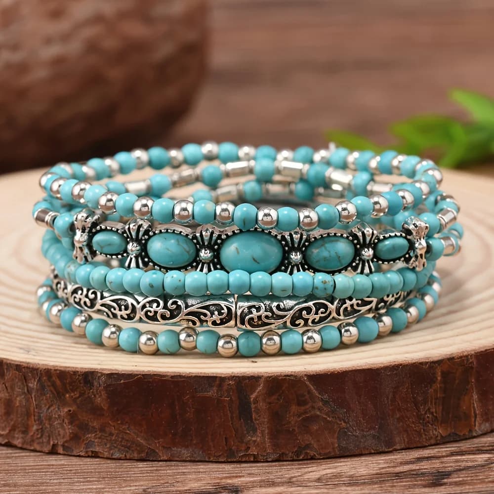 Bohemian turquoise multi-layer bracelet set, retro elastic line bracelet, handmade beaded ethnic style bracelet, summer seaside vacation versatile jewelry, ins style stacked accessories, adjustable elastic style