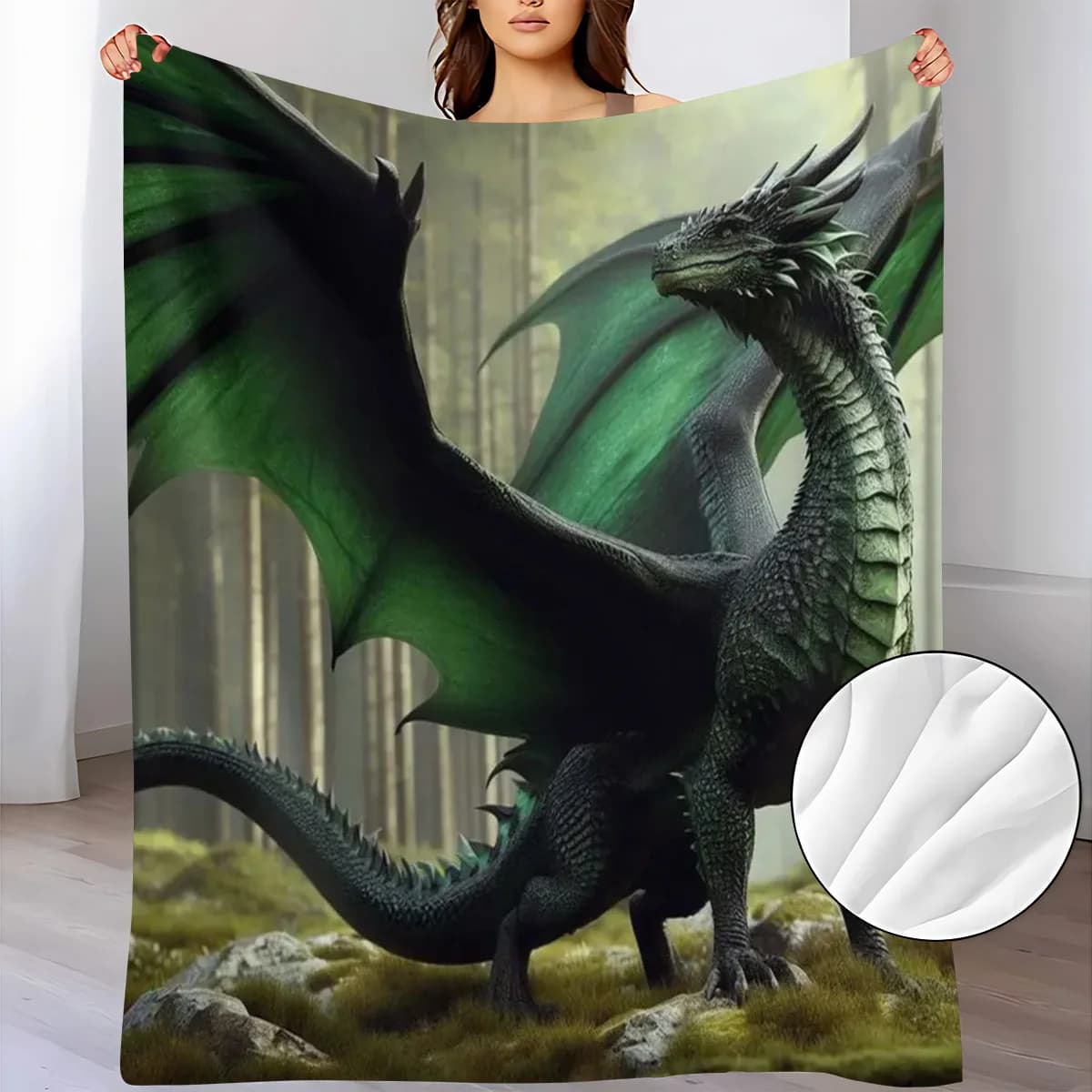 Mystical Green Dragon Flannel Throw Blanket Majestic Fantasy Winged Dark Green Dragon Standing On Mossy Rocks In Misty