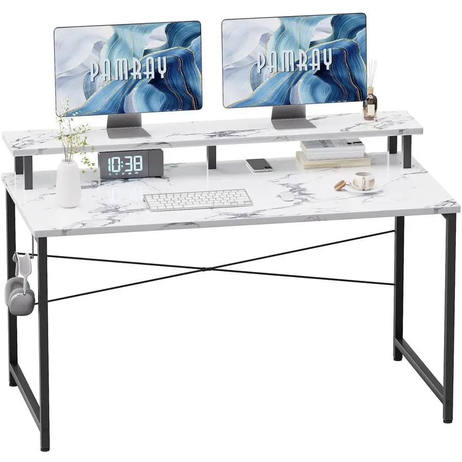 Scrivania per Computer da 47 Pollici con Supporto per Monitor, Semplice Scrivania da Ufficio con Gancio per Cuffie per Spazi Ristretti, Tavolo da Studio per Bambini