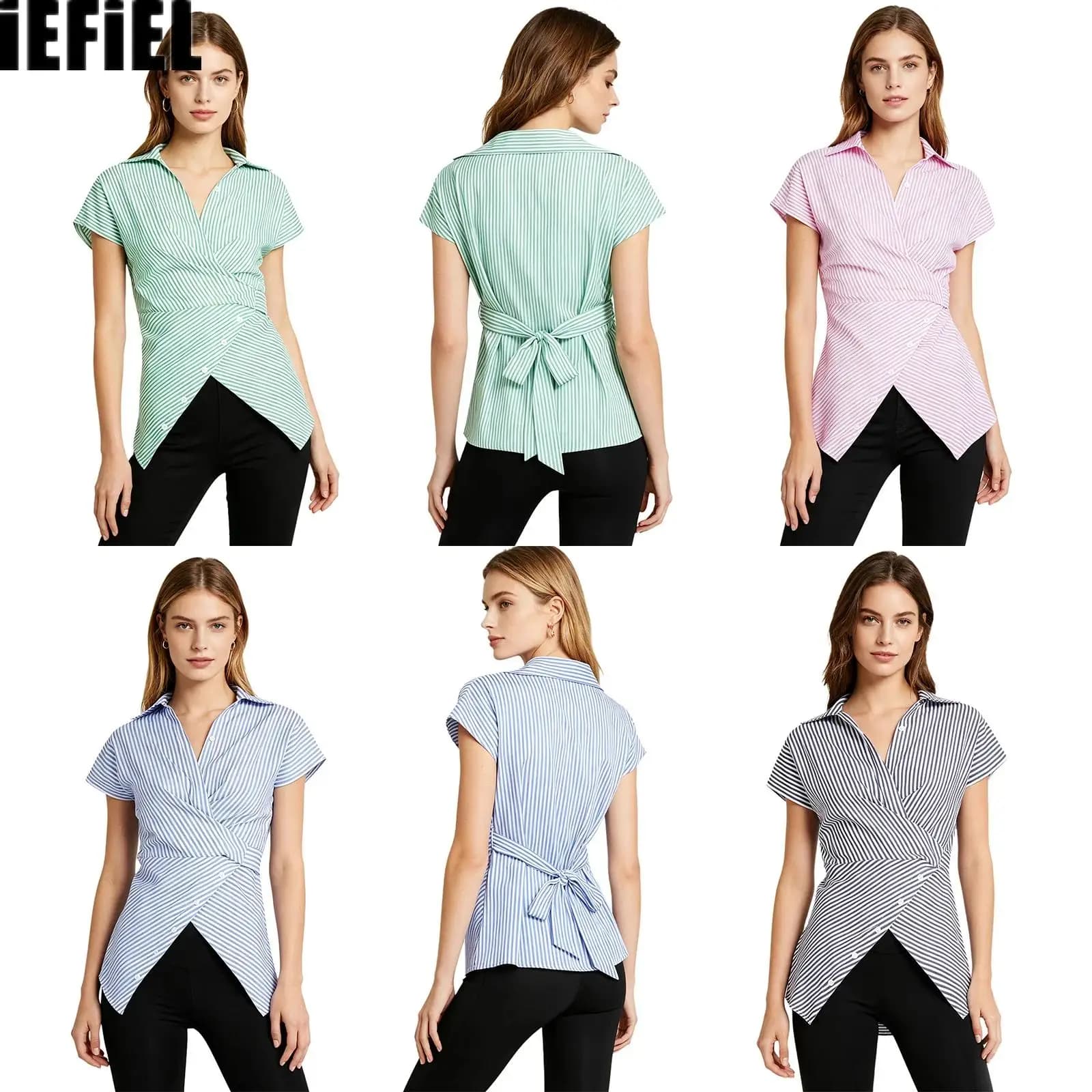 Camicetta da donna versatile a righe con colletto a risvolto, maniche corte, bottoni frontali e cintura in vita, T-shirt chic irregolare