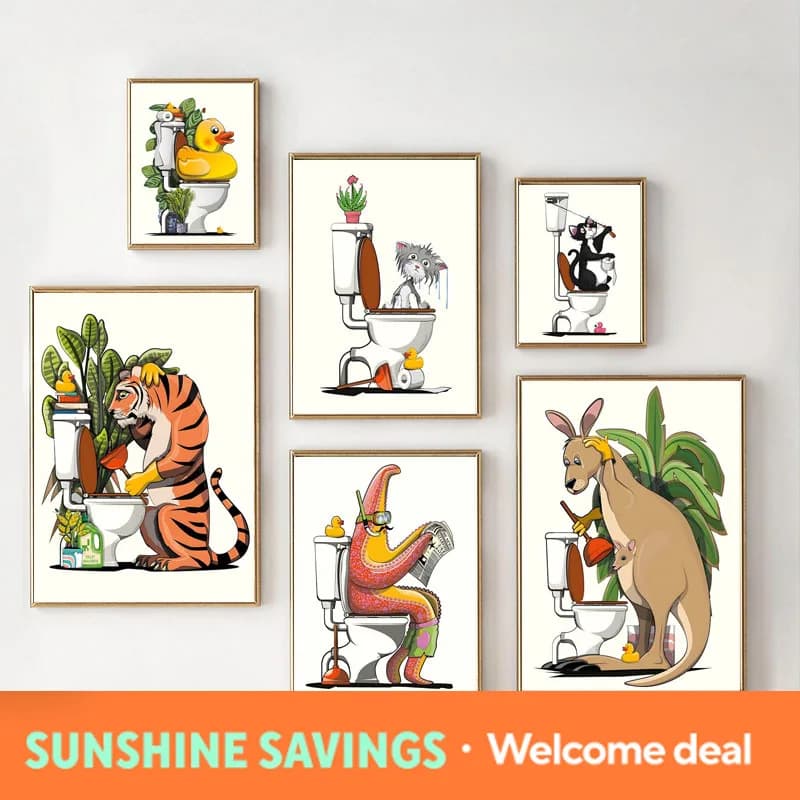 Fun Bathroom Animal Wall Art Poster, Toy Duck Toilet Paper Holder Canvas Print, Bathroom Toilet Home Decor