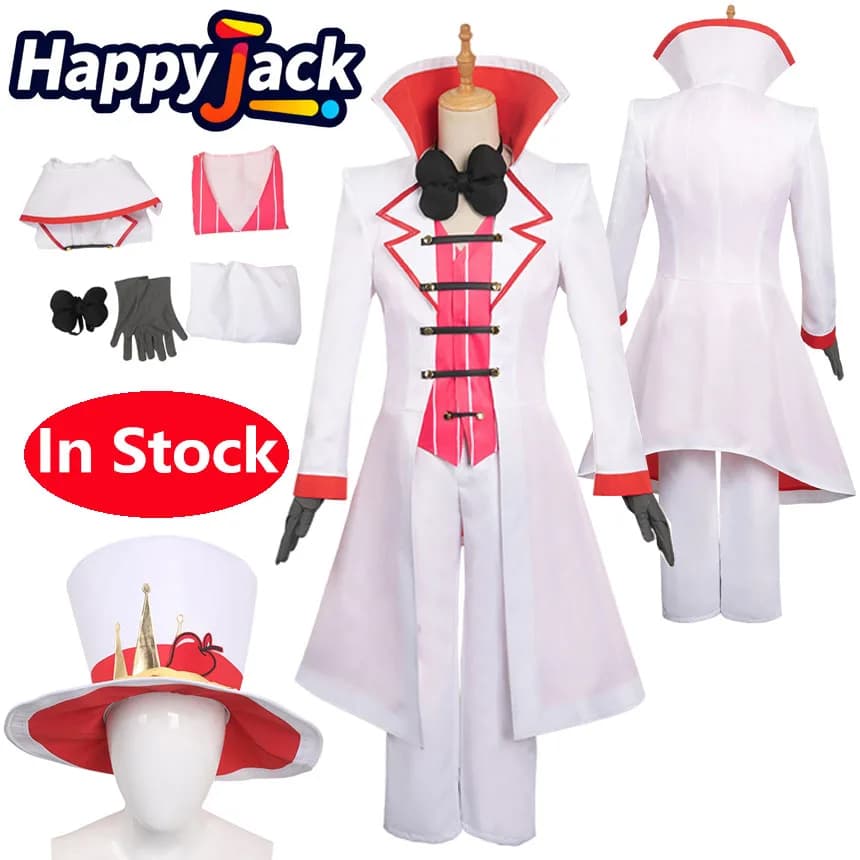 Lucifero Cosplay Cappello Bianco Costume Vestito Cartoon Anime Hell Inn Travestimento Uomo Top Cappotto Pantaloni Guanti Cravatta per Carnevale di Halloween