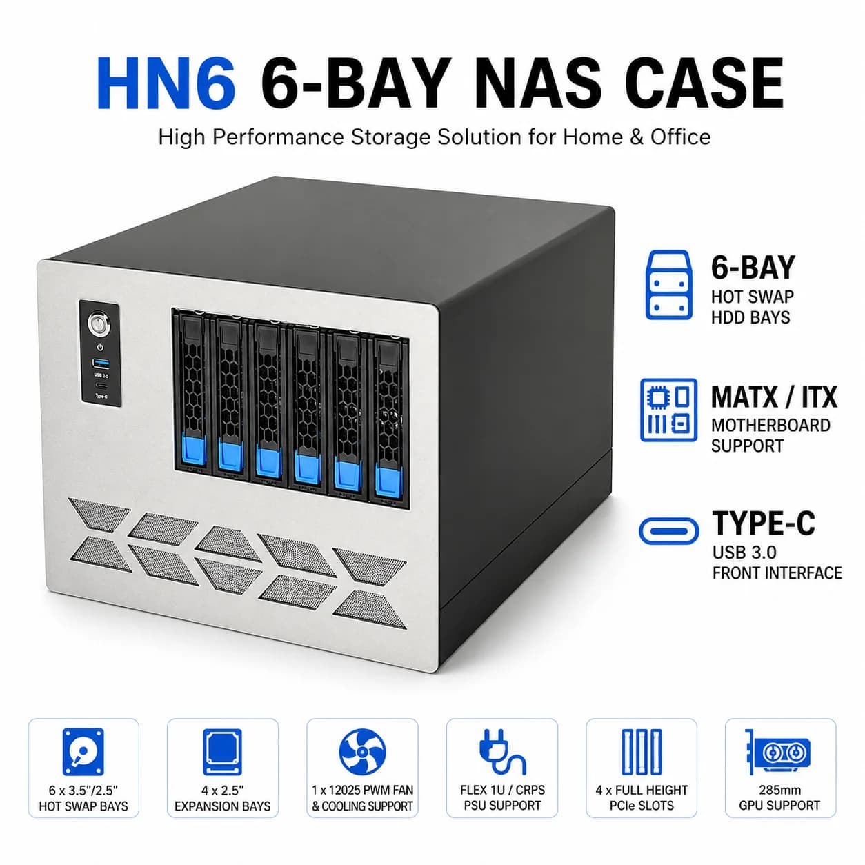 Case NAS HN6 a 6 Bay con Hot Swap, Chassis per Server MATX ITX, USB3.0 Type-C, Alimentatore FLEX CRPS, 4 Slot PCI