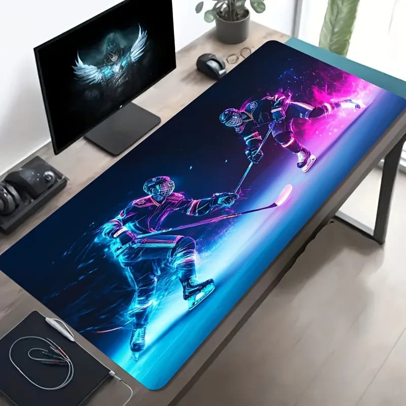 Tappetino per mouse da gioco XL Neon Ice Hockey Players, grande tappetino da scrivania in gomma antiscivolo per PC Gamer