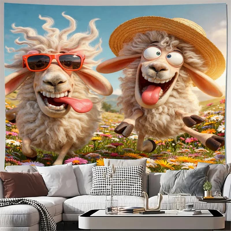 Funny Sheep Cartoon Wall Tapestry Wall Hanging Decor Living Room Art Whimsical Pop Culture Sheep Painting for Bedroom Apartment